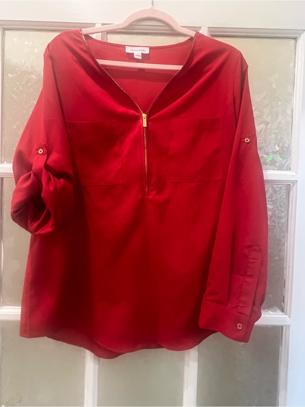 Calvin Klein Bright Red Zip-Front Blouse